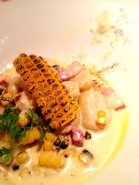 gnocchi with summer corn and panchetta with a gruyere cheese saice|lauren shannonさん