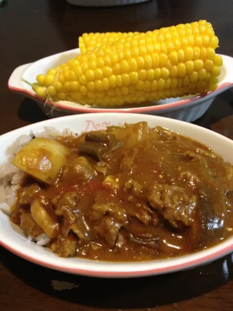 かぶとナスとトマトのカレー  水から茹でたトウモロコシ|やなさんさん