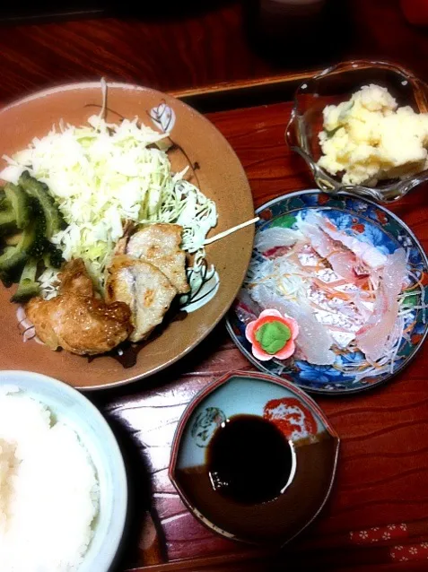 豚肉の塩麹焼き・お刺身・ポテトサラダ|reiさん