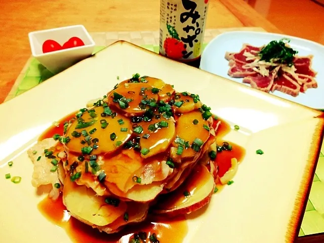 さつまいもと豚肉の重ね蒸し&カツオの揚げたたき みかぽんで|ねーねさん