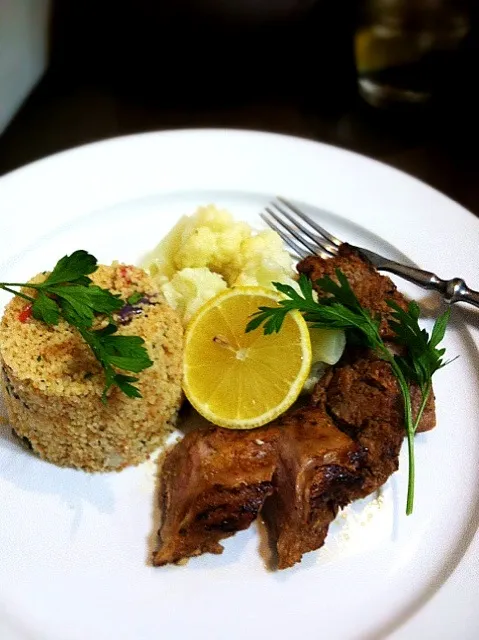 lamb loin with chermoula,roasted couscous with eggplant and tomato,cauliflower with lemon|rick chanさん