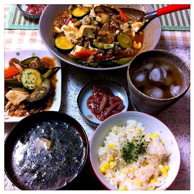 麻婆豆腐風夏野菜煮PLUS甘みとうもろこしご飯|華ちゃんさん