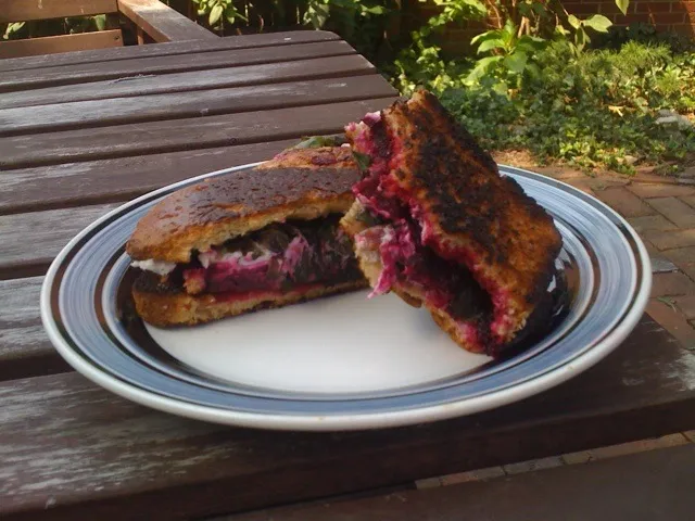 Snapdishの料理写真:Local Foods Week Eats: Pressed 'wich with goat cheese, local rainbow chard & local beets @localmattersorg|xuedan wangさん