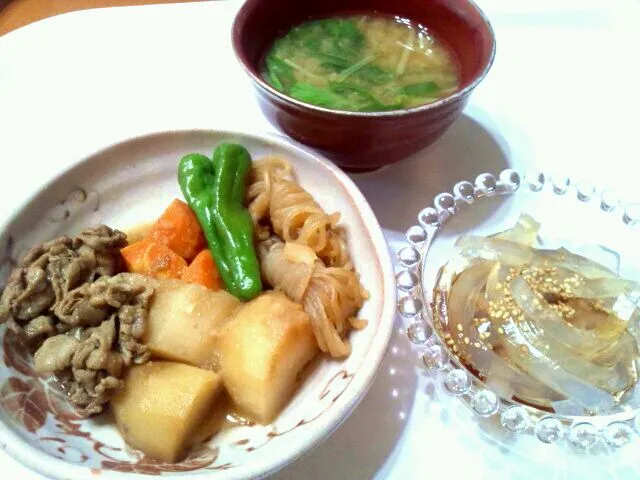 肉じゃが、ところてん、水菜と納豆のお味噌汁|ミコさん