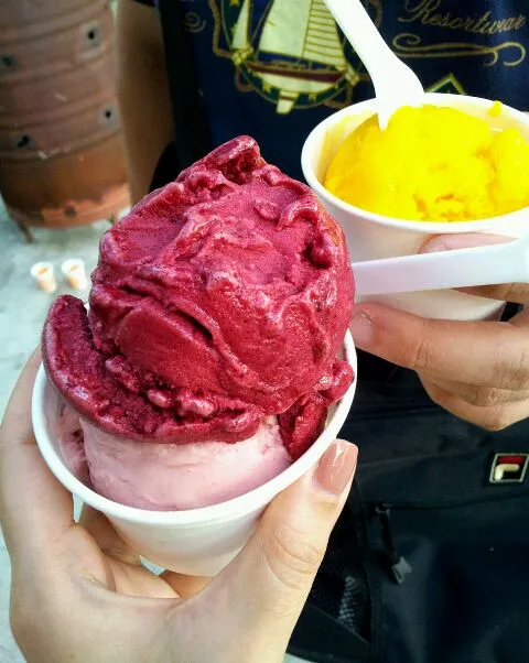 Snapdishの料理写真:left from top: Blackcurrant n raspberry rose sorbet. Right: Mango Passionfruit sorbet.|genさん