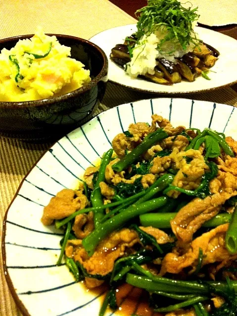 豚肉と空心菜の中華炒め、焼き茄子のおろしポン酢、ポテトサラダ|sakikoさん