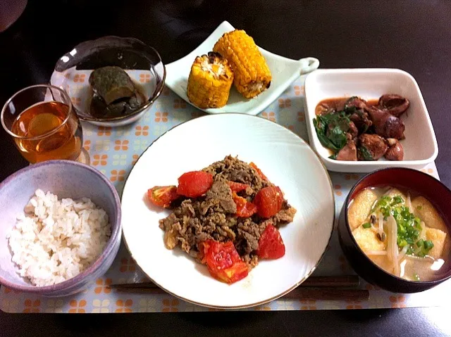 トマト焼肉・焼きトウモロコシ・レバニラ・ナス揚げ浸し|ayAkaさん