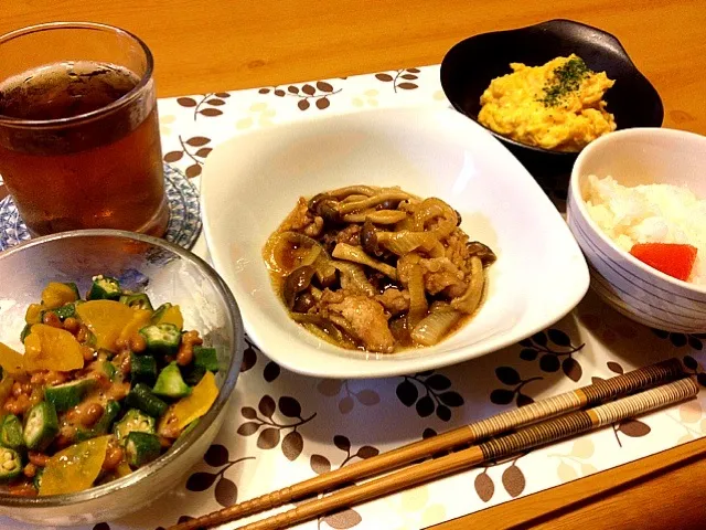 キノコと豚の生姜焼き風炒め定食♪|めんこさん