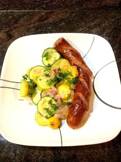 Grilled turkey sausage with steamed squash and zuchini.|anitaさん