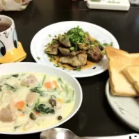 鶏とほうれん草のシチューとサメのバター醤油焼き|中江しゅんさん