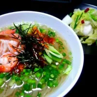 Snapdishの料理写真:ネギと海老の冷麺。自家製水キムチ。|じゅぅぅぅぅぅんさん