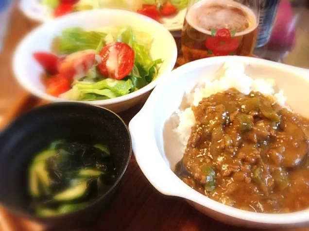 ナスと挽肉カレーときゅうり酢の物|yukoさん