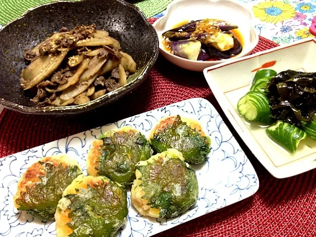 Snapdishの料理写真:zukacchaさんの枝豆とえびのふわふわあげ♡牛ごぼう♡茄子の揚げ浸し♡きゅうりの酢の物|Kaori Takedaさん