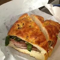 roast beef with crispy onions and horseradish cream on rosemary foccacia|kateさん