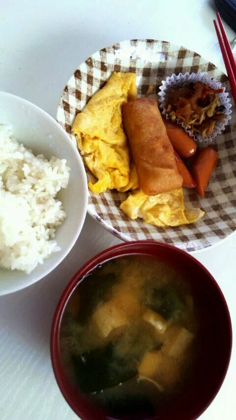 Snapdishの料理写真:ご飯＆味噌汁＆弁当のおかず残り|大草絢子さん