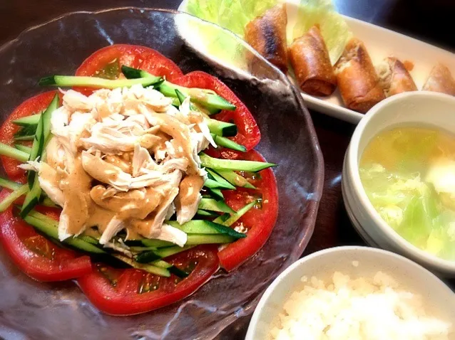 Snapdishの料理写真:夜ご飯♡棒々鶏＆春巻き＆炒めキャベツのスープ|まいつんさん