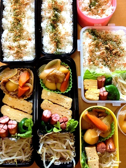 Snapdishの料理写真:みんな弁当🌻たらこふりかけ・油じゃが煮・出汁巻き卵・ウインナー＆ピーマン・レンジもやし|chyawaさん