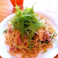 ベーコンとあわび茸のパスタ|くまさん