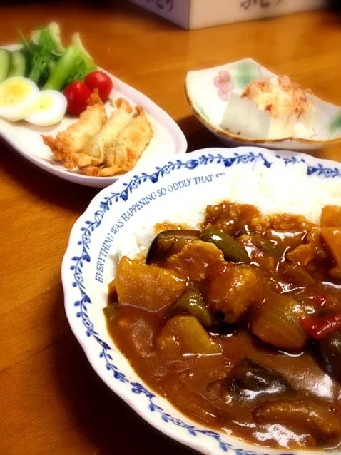 Snapdishの料理写真:夏野菜カレー、枝豆チーズスティック、生野菜サラダ、冷ややっこ|さゆりさん