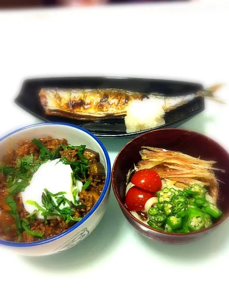 うどん、茄子丼、さんま|まぁやんさん