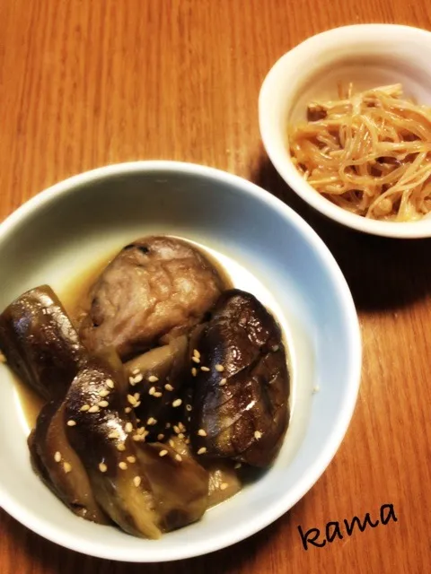 茄子と飛竜頭の田舎煮 ・白滝とエノキのピリ辛炒め|かまさん