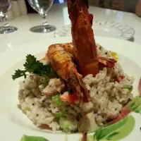 Mushroom Stew Rice with Grilled Prawns