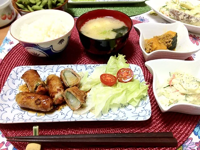 旦那さん用夜ご飯🍴野菜の肉しそ巻き、かぼちゃのそぼろあん、ポテトサラダ✨|Kaori Takedaさん