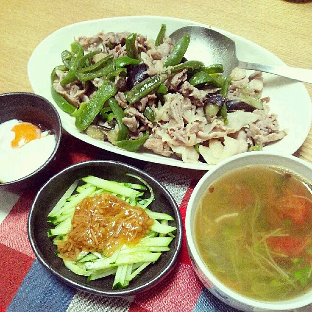 豚肉と茄子とピーマンの味噌炒め、なめたけきゅうり、温泉卵、トマトとかいわれのスープ|りかさん