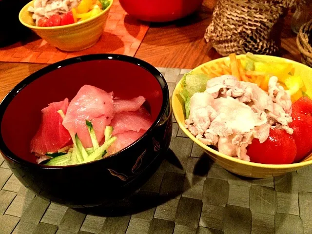 まぐろ丼と豚しゃぶサラダ|愛さん