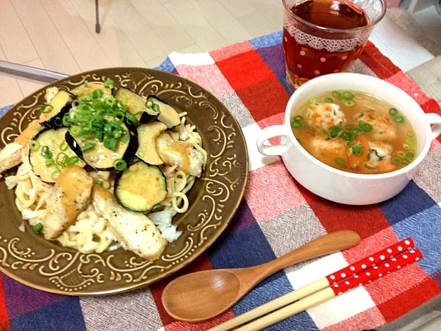 鯛とナスの胡麻だれ麺&えび団子とトマトのスープ|のんちさん