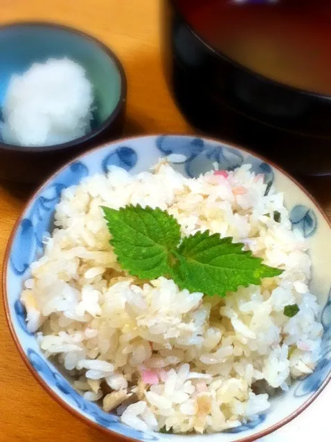 先日もらった鯛のアラをこんがり焼いて身をほぐし。骨でスープとったのでご飯炊きました。炊き上がりに鯛の身と自家製紅生姜、九条葱を混ぜ込んで蒸らす。|hoppycowさん