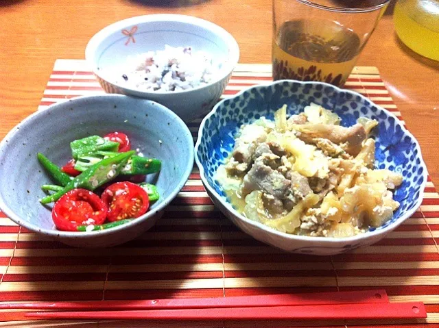 Snapdishの料理写真:白いゴーヤーのチャンプルとオクラとトマトの塩麹あえ|Ryokoさん