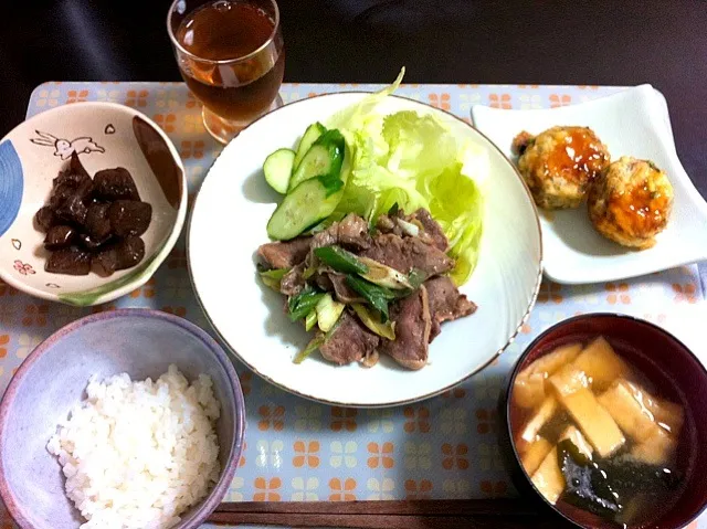 豚タン塩だれ・こんにゃく甘辛炒め・茄子の肉はさみ揚げ|ayAkaさん