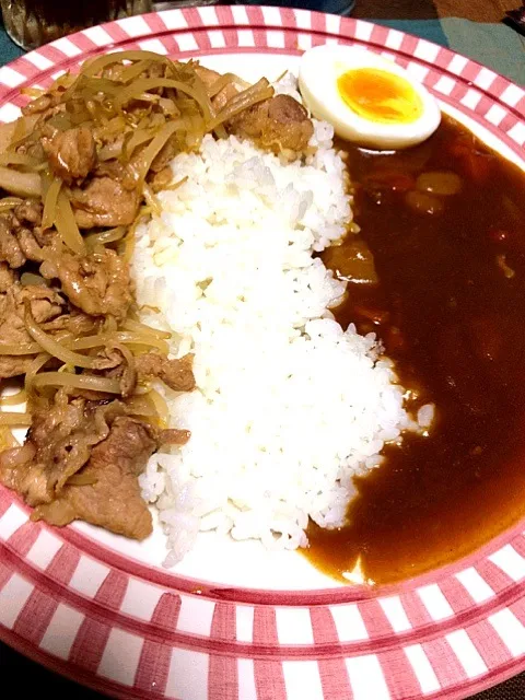 #夕飯  全部のせカレー。肉もやし炒めも茹で卵もカレーもライスものっている！|ms903さん