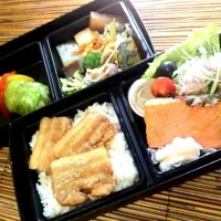 Snapdishの料理写真:「ザ・ニッポンの弁当」…和風ロールキャベツ、野菜の炊き合わせ、鮭ハラス焼き、三枚肉の甘辛焼きごはん|しみずさん