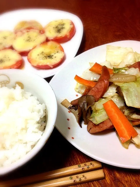 Snapdishの料理写真:野菜炒め、トマトのチーズ焼き|えいみさん