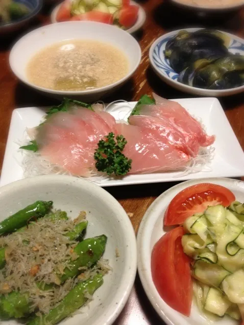 金目鯛の刺身、シラスとししとうのペペロンチーノ、ズッキーニのサラダ、冬瓜そぼろ煮、水茄子糠漬け|raku_darさん