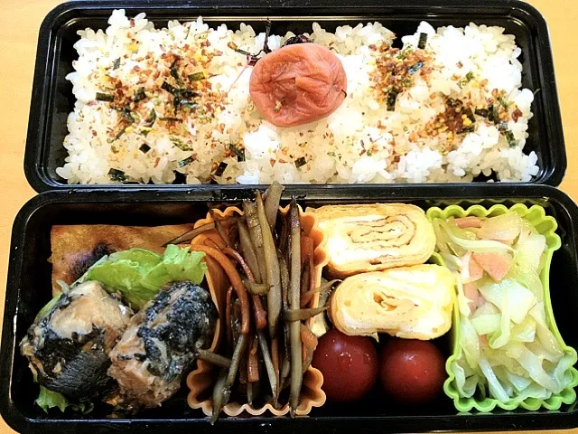 毎日の中学生弁当。秋刀魚梅干煮、春巻、きんぴらごぼう、卵焼、キャベツベーコン炒め、ミニトマト。|松浦有里さん