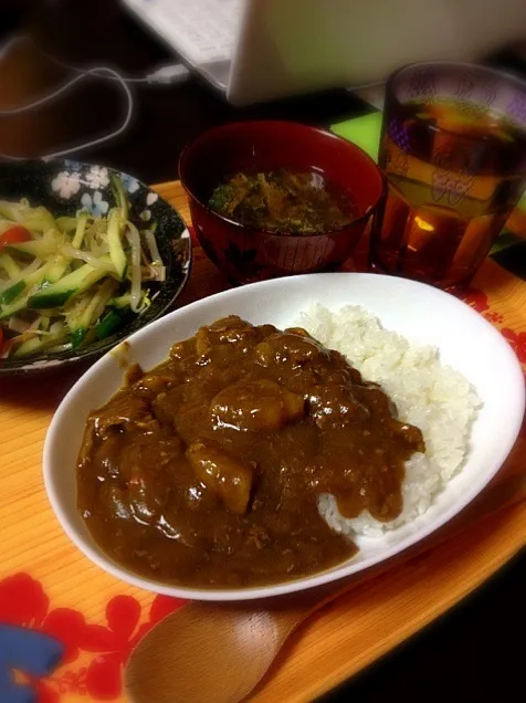 Snapdishの料理写真:カレーともやしサラダとニラ玉スープ|みなみさん