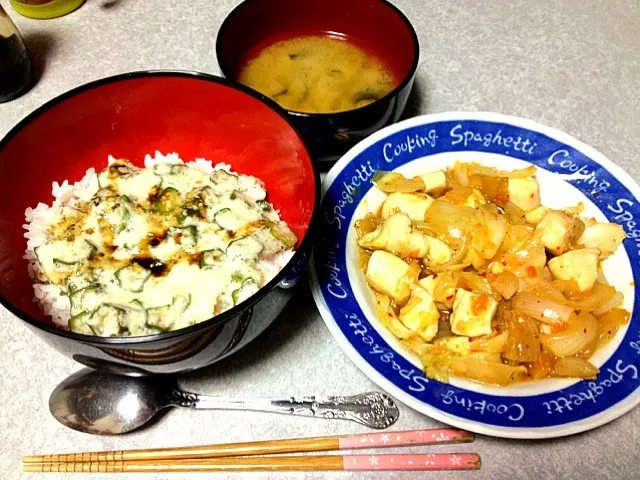 Snapdishの料理写真:オクラとろろ丼•ピリ辛鶏野菜炒め|うるしちかさん