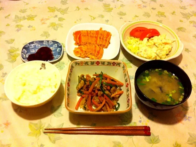 本日のお夕飯。牛肉と季節のお野菜の炒め物、サーモンのお刺身、ポテトサラダ、ご飯、お味噌汁。|Hitomi Seyaさん