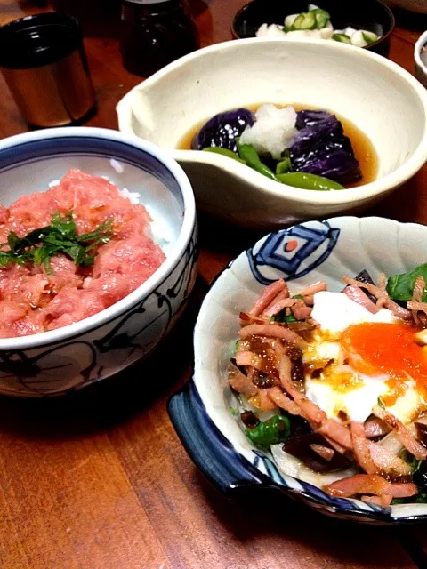 本鮪たたき丼、茄子と甘唐辛子の揚げ浸し、パクチョイとキクラゲのサラダ|masakoさん