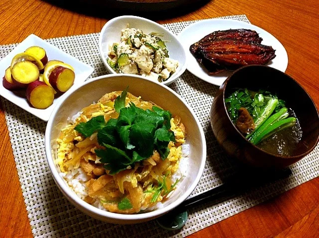 油麩丼 しそ香る梅とおくらのとろろ汁 豆腐ときゅうりとじゃこのサラダ 秋刀魚のみりん干し さつまいものレモン煮|高橋 知美さん