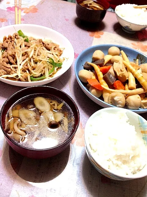 里芋とタケノコの煮物＊豚もやし炒め＊ごぼうスープ|ゆかりごはんさん