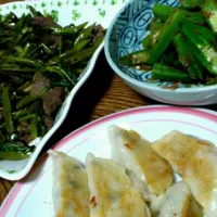 空芯菜と牛肉炒め、おくら、餃子|ひろみさん