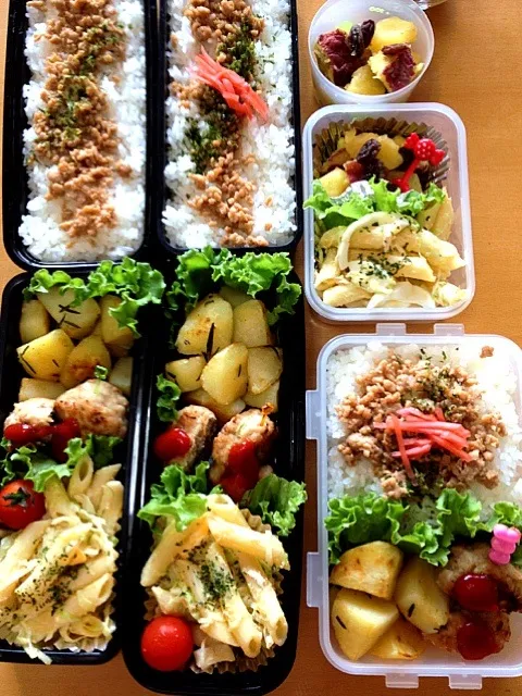 ３人弁当🍁鶏そぼろ御飯・ケチャップつくね・ローズマリーポテト・ツナキャベペンネサラダ・林檎と薩摩芋の蜜煮|chyawaさん