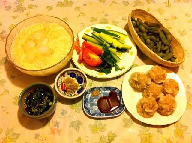 本日のお夕飯。シュウマイ、素麺、新鮮生野菜、枝豆。|Hitomi Seyaさん