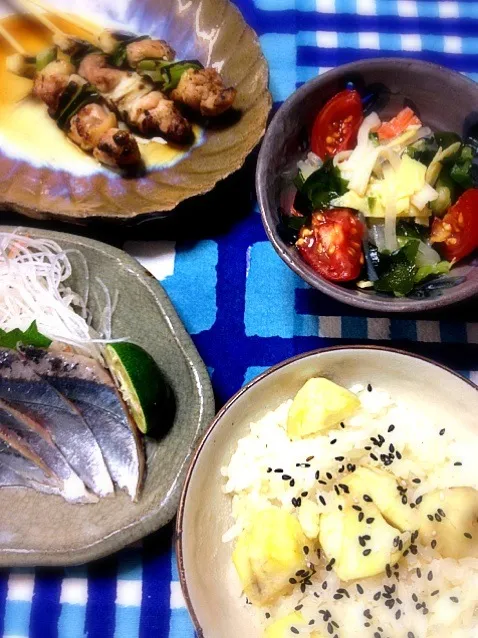 うち夕ご飯（栗ご飯.焼き鳥.サンマ刺身.春雨サラダ）|さかぽんさん