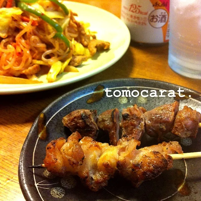 焼き鳥 砂ズリと軟骨💗  白滝と豚キムチ炒め|tomocarat.さん