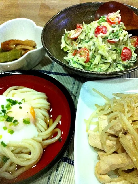 冷やしうどん・ささげ煮物・胸肉とモヤシ炒め・5種サラダ|まーままさん